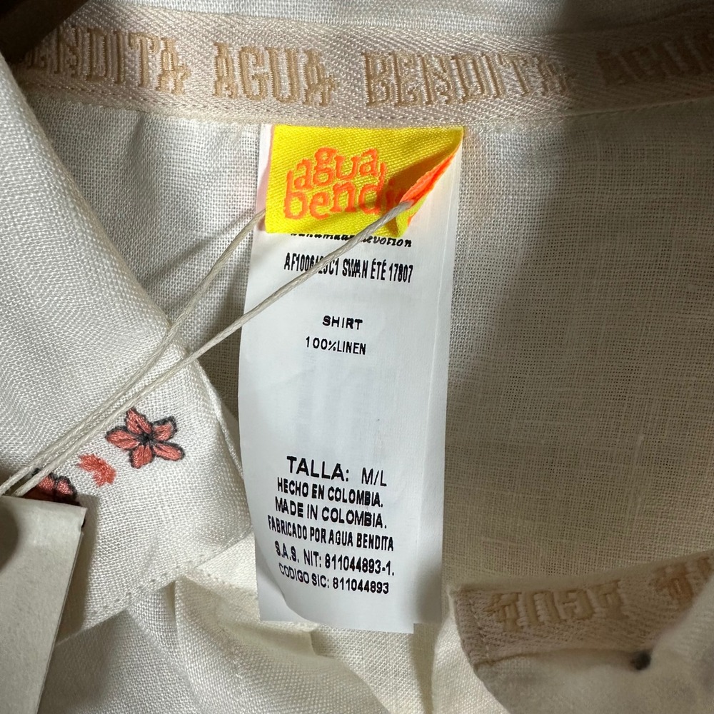 NWT Agua Bendita Ete Swan Shirt 100% Linen Embroidered Cream M/L Cover Up Resort - Picture 8 of 12